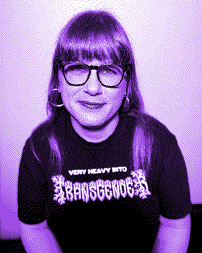 Headshot of Chelsea Thompto,
she is smiling and the image is
dithered with a purple hue.