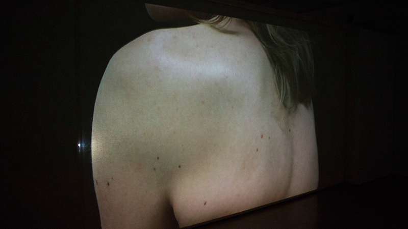 Installation image of Cite/Site/Sight featuring a projected image of a nude back.