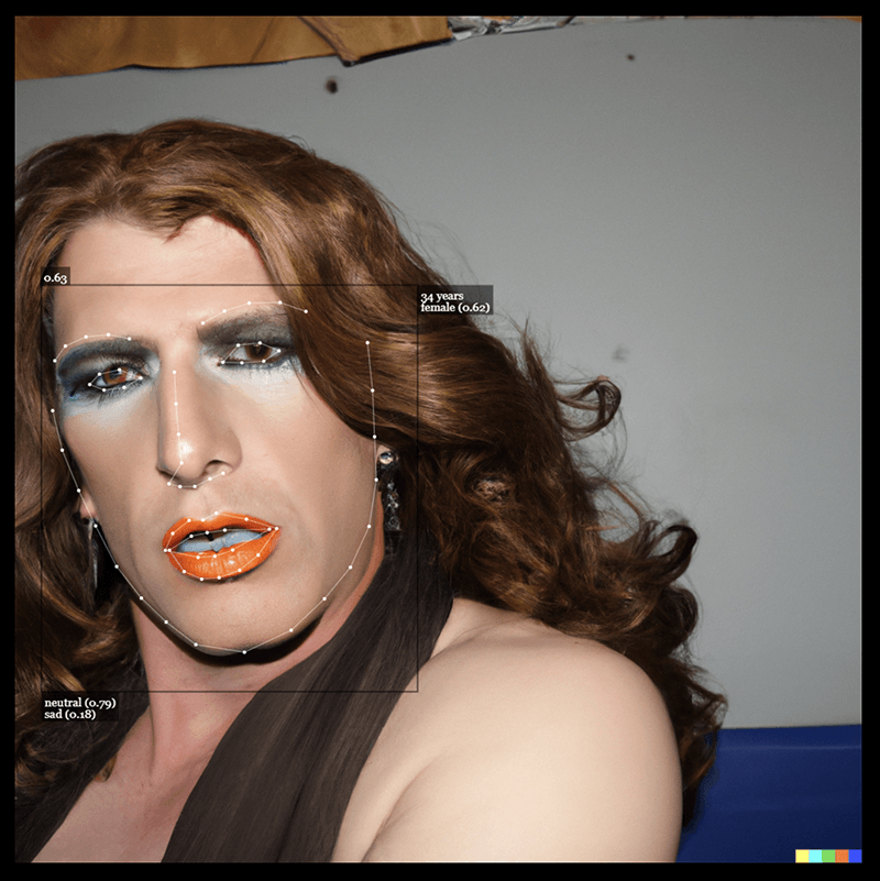 An AI generated image of a white transwoman in a black top with harsh lighting.