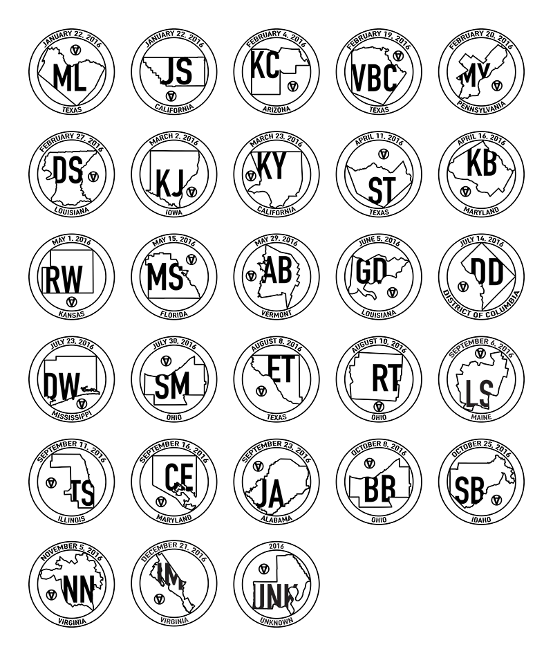 Seal designs for Trans Effigy 2016 featuring 28 black and white seal designs.