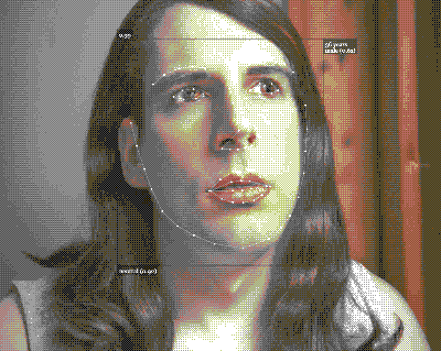An AI generated image of a white transwoman in a grey top.