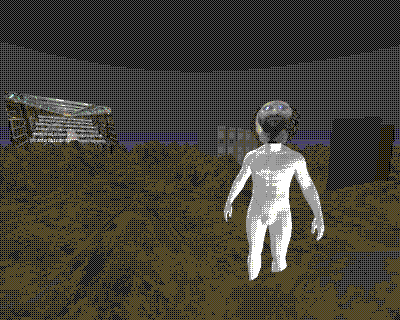 Screenshot of Decodification of The Body website featuring a brown and green texturyed floor with mounds raising up to a purple sky. There is a white figure with a video rob for a head, server racks, and a large video screen in the scene.